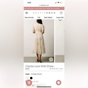 Baltic Born Clarisa Lace Midi Dress, Vintage Cream, Size Large